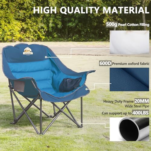 Oversized XL Padded Camping Chair Wide Heavy Duty Lawn Chairs Support 450 LBS Portable Folding Gaint Plus Camp Chair with Side Pocket Cup Holder for Outdoor Outside Sports Baseball Soccer-Blue