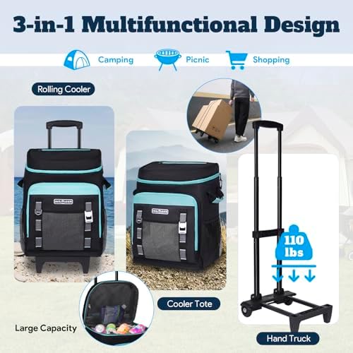 INSMEER Cooler with Wheels and Handle, 80 Cans/50L Rolling Cooler, Portable Soft Sided Cooler with Wheel, 2-in-1 Collapsible Cooler Trolley Cart, Large Coolers for Grocery Shopping