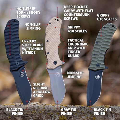 Off-Grid Knives - Rapid Fire Blackout - Large Folding Knife for Camping & EDC, Cryogenic D2 Blade Steel, Titanium Nitride Coating with G10 Scales & Deep Carry Clip
