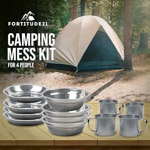 Stainless Steel Camping Mess Kit - Person's Complete Picnic & Camp Dish Set, Includes Plate, Bowl, Cup & Utensils