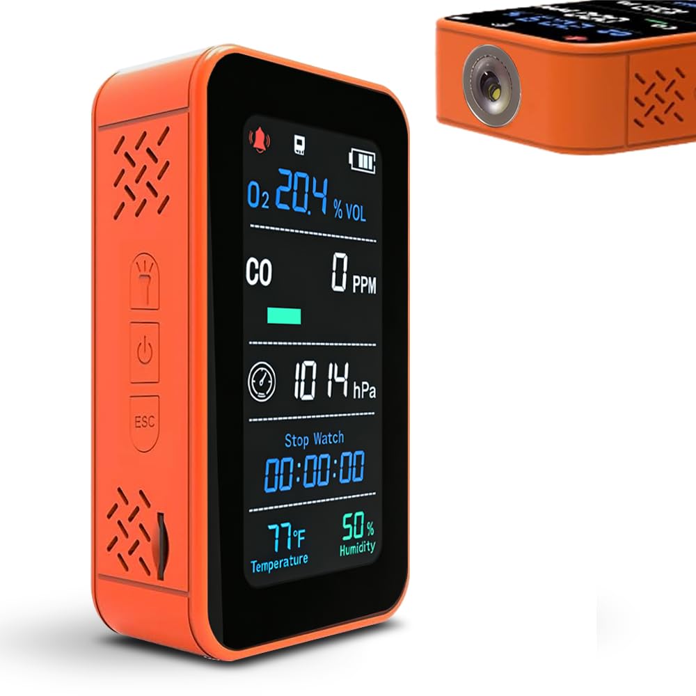 GZAIR 7-in-1 Portable Multi-Gas & Environmental Detector, O2/CO Monitor with Air Pressure, Temperature & Humidity Sensors, 3000mAh Rechargeable Device with SD Data Logging, Flashlight & Stopwatch