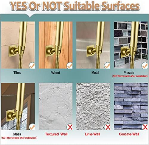 Shower Head Holder Handheld Shower Wand Holder Adjustable Shower Head Bracket Shower Wall Mount Holder, Brushed Brass/Gold Finish, Drill Free Glue Installation