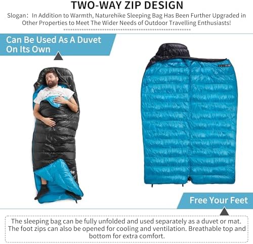 Naturehike Ultralight Down Sleeping Bag, 650FP, 3-4 Season, Adults, 32-42, Waterproof, Compact, Camping, Hiking