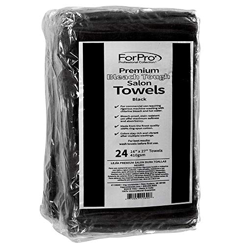 ForPro Professional Collection Premium Bleach Tough Salon Towels, Black, 100% Cotton, Bleach-Proof Towels, Stain Resistant, 16" W x 27" L, 24-Count