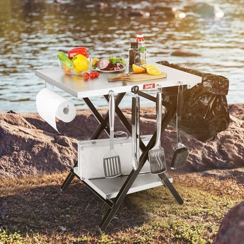 Foldable Grill Table with Extra Storage Bottom Shelf, Outdoor Indoor Foldable Outdoor Grill Stand Table with Garage Rack & Tissue Holder,Easy Set-up, 30" x 24", Silver