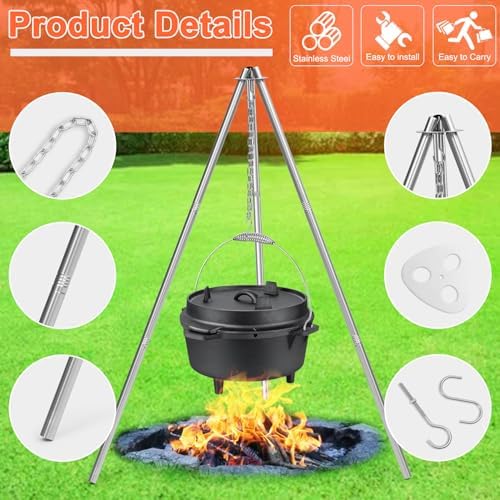 HaSteeL Camping Tripod for Outdoor, Adjustable Portable Cooking Tripod with 17”Folding Grill Grate, Stainless Steel Campfire Grill Stand Hanger for Dutch Oven Hunting Beach BBQ Fire Pit, Easy Assemble