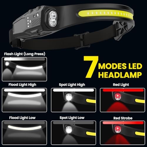 Headlamp Rechargeable 3Pack, 230° Wide Beam LED Headlamp, 7Mode Headlamps for Adults, Head Lamp with Motion Sensor, Red Light Head Lamps LED Rechargeable, Head Lights for Forehead Running Camping