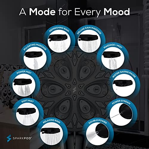 SparkPod 10-Mode Handheld Shower Head with Filter - 5" High Pressure Filtered Shower Head with Touch-to-Clean Nozzles, Built-In Power Jet, Stainless Steel 6ft Hose & Bracket (Black Matte)