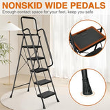 5 Step Ladder, Protable Steel Folding Stool with Wide Anti-Slip Pedal, Tool Platfor, Sturdy Steel Ladder, Black