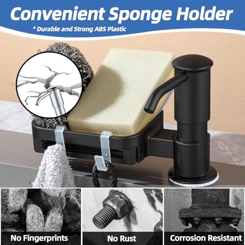 Soap Dispenser for Kitchen Sink, Built in Soap Dispenser Pump with Sponge Holder, Under Counter Black ABS Pump Head with 38" Extension Tube Kit, Good Suction Power (Black)