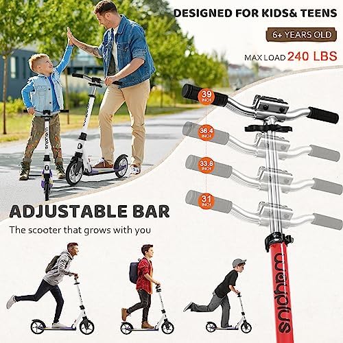 Kick Scooter for Ages 6+,Kid, Teens & Adults. Max Load 240 LBS. Foldable, Lightweight, 8IN Big Wheels for Kids, Teen and Adults, 4 Adjustable Levels. Bearing ABEC9