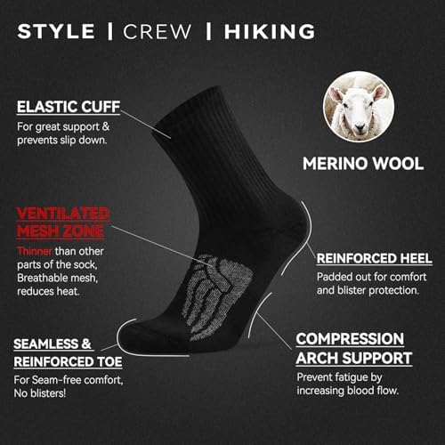 Socks Daze Merino Wool Cushioned Hiking Socks for Men Women, Warm Crew Walking & Boot Socks for Trekking, Work, Outdoor