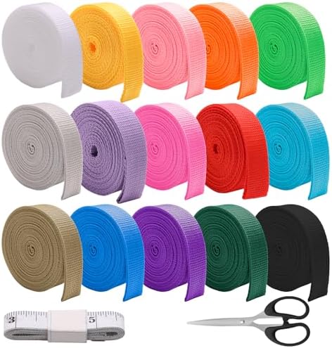 Boyistar 15 Rolls Webbing 1 Inch, Polypropylene 5 Yards Heavy Duty Webbing Strap for Bags, Pets, Climbing Outdoors Indoors Crafting DIY, 15 Colors