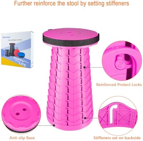 Boreeman Upgraded Folding Stool Lightweight Yet More Sturdy with Load Capacity 400lbs Portable Collapsible Stool for Camping Fishing Hiking BBQ (Pink)