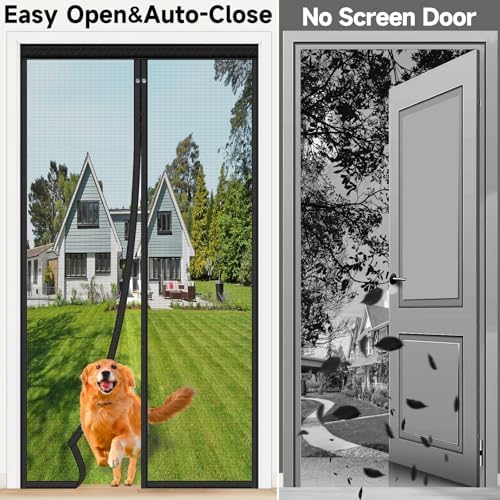 Upgraded Magnetic Screen Door Mesh, Full Strip Magnets, Heavy Duty Fiberglass Mesh, Door Screen Magnetic Closure for Single Door Size 32 x 80 Inch, Screen Door Size 35 x 82 Black