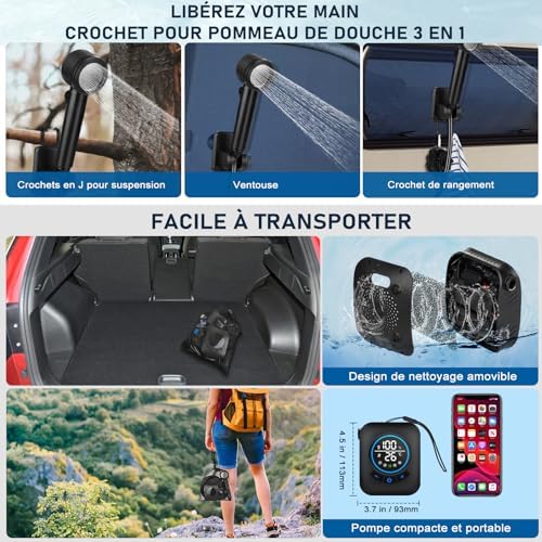 Portable Shower for Camping, [Upgraded] Spopal 8000mAh Rechargeable Camping Shower with 5 Adjustable Speeds, 4 Spray Modes, LED Display, IPX8 Waterproof Outdoor Shower Kit for Hiking, Travel, Car, Pet