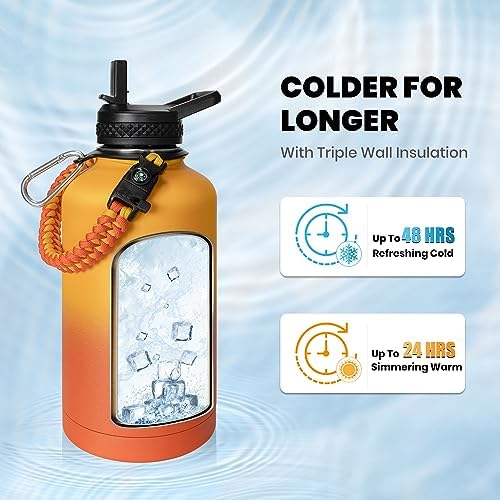 One Gallon Water Bottle Insulated, Triple Walled Vacuum Stainless Steel (Cold for 48 Hrs), Leak Proof & Non-BPA, Large Water Flask Jug with Paracord Handle & Straw Spout Lids