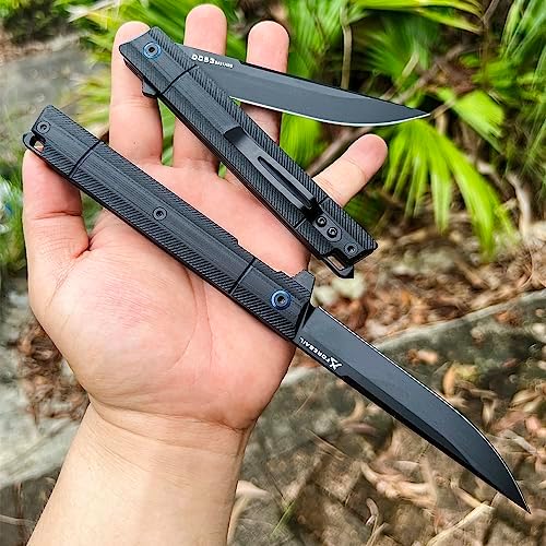Flipper Pocket Folding Knife,DC53 Steel Blade and G10 Handle. With pocket clip and glass breaker,men's pocket knife hiking trip EDC tool Knife (Black PVD Blade-D)