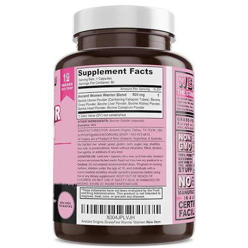 Warrior Women's Beef Organ Superfood Supplement (Beef Heart, Liver, Colostrom & 4 More) - 100% Grass Fed & Grass Finished - Balance Hormones, Energy, & More for Women (60 capsules, 500 mg each)