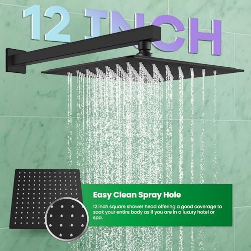 gotonovo Rainfall Bathroom Shower System Rain Shower Head and Handle Set Wall Mounted Shower Complete Combo Solid Brass Pressure Balancing Shower Mixer Valve 12 Inch Matte Black