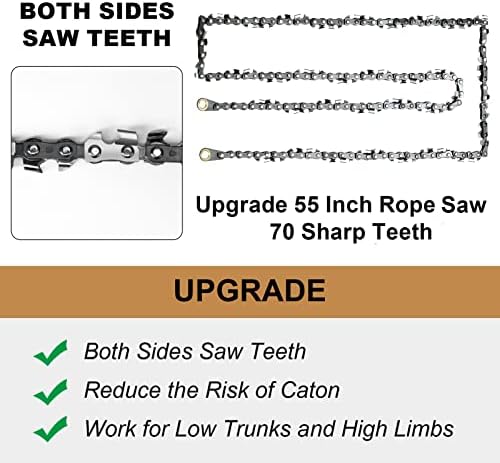 Rope Saw for Tree Limbs, 55 Inch Chain Saw with 70 Sharp Teeth & 46 Feet Ropes Kit, High Limb Pocket Chainsaw