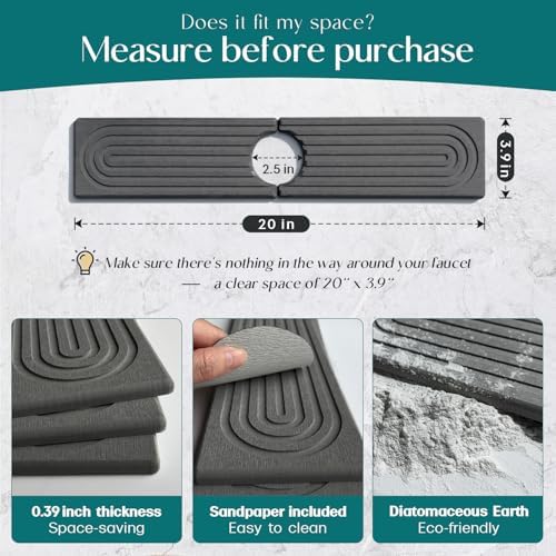 Diatomite Stone Sink Candy - Instant Dry Stone Sink Tray around Faucet, Prevents Moisture Buildup - Faucet Splash Guard for Bathroom Counter [Dark Grey, 20" x 3.9"]
