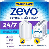 Zevo 2 Flying Insect Traps & 4 Cartridges - Plug In Fly Trap & Indoor Bug Catcher for Gnats, House & Fruit Flies - Mess-Free - Use in Any Room - Uses Blue & UV Light (2 Plug In Devices & 4 Cartridges)