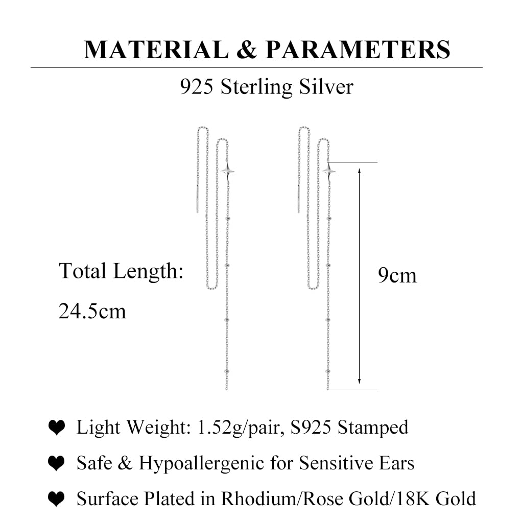 SLUYNZ 925 Sterling Silver Star Long Dangle Earrings Chain for Women Teen Girls Line Dangle Earrings Tassel Threader Chain (A-Sterling Silver)