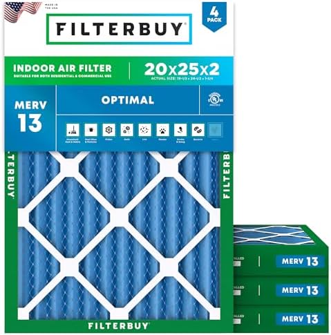 Filterbuy 20x25x2 Air Filter MERV 13 Optimal Defense (4-Pack), Pleated HVAC AC Furnace Air Filters Replacement (Actual Size: 19.50 x 24.50 x 1.75 Inches)