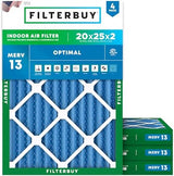 Filterbuy 20x25x2 Air Filter MERV 13 Optimal Defense (4-Pack), Pleated HVAC AC Furnace Air Filters Replacement (Actual Size: 19.50 x 24.50 x 1.75 Inches)
