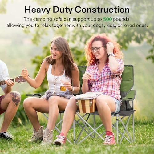 VIVOSUN Double Camping Chair, Fully Padded Folding Loveseat, Portable Oversized Duo Chair with Storage Cup Holders, Height-Adjustable Armrests & Carry Bag, Supports up to 500lbs, Green & Grey