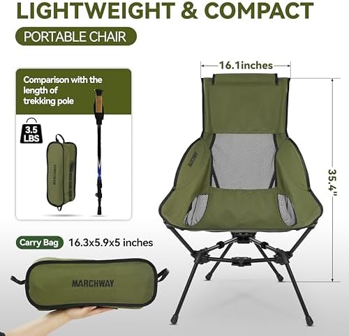 MARCHWAY Lightweight Folding High Back Camping Chair with Head Support, Stable Portable Compact for Outdoor Camp, Travel, Beach, Picnic, Festival, Hiking, Backpacking (Highback Green)