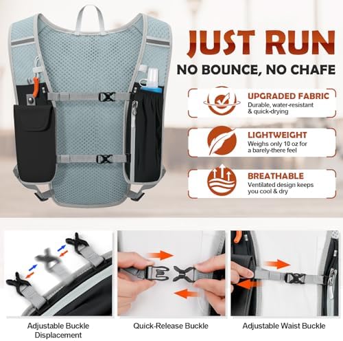 RAINSMORE Running Hydration Vest with 500ml Soft Flask, Waterproof Phone Pocket, Lightweight Hydration Pack, Adjustable No-Bounce Straps for Trail Running, Marathon, Cycling