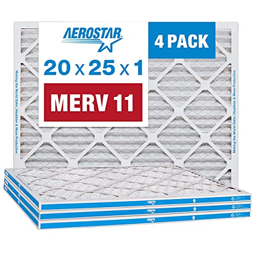 Aerostar 20x25x1 MERV 11 - 4 Count - Pleated HVAC, Furnace & Air Conditioner Filters - Removes Dust, Cold & Flu Germs, Lint, Mold, Pet Dander, Allergy-Causing Pollen, Smog & Smoke