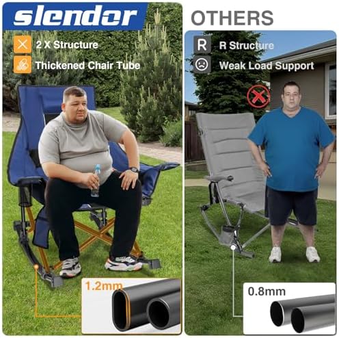 Slendor Oversized Rocking Camping Chair, XL Heated Camping Chair w/ 3 Levels Heat for Back+Seat, Padded Rocking Lawn Chair with 20000 mAh Power Bank, Pillow, Side Pocket, Carry Bag, Navy Blue