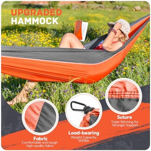 Camping Hammock Lightweight, Portable Hammocks Parachute Hammock with Two Tree Straps, Single or Double Travel Swing Nylon Camp Hammocks, Outdoor Essentials for Beach Backpacking Hiking, Orange