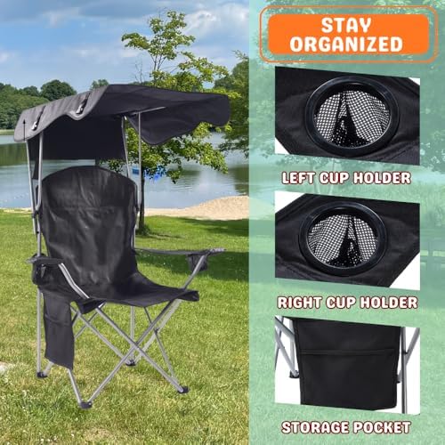 CozyBox Portable Folding Camping Chairs with Canopy Shade, Beach Chair for Adults, Durable Weather Resistant 600D Oxford Cloth, Camping Chair with Canopy for Outdoors [Red]