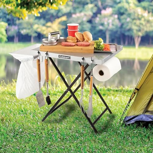 Cuisinart Fold ‘n Go Prep Table, Portable Folding Table and Grill Stand with Tool hooks, Trash Bag Holder, Paper Towel Rack, 24” x 20” Steel Food Prep Station Perfect for BBQs, Tailgates and Camping