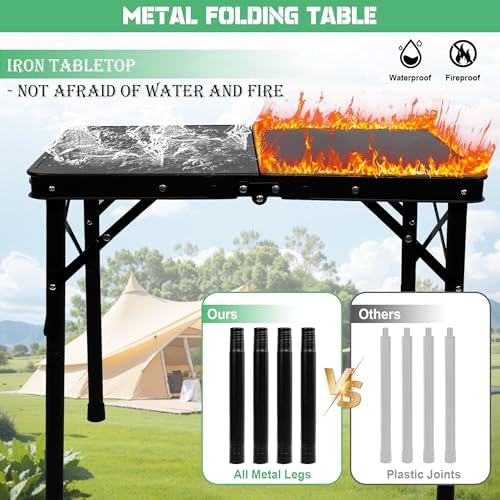 Small Metal Folding Table, Picnic Camping Side Table for Outdoor Garden Patio - Portable Lightweight, Compact & Height Adjustable Grill Stand BBQ