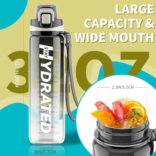 Water Bottle, 32 oz Motivational Water Bottles with Time Marker-Tritan & BPA Free, Sports Water Bottle with Time to Drink & Strap, Wide Mouth, Leakproof -Gift for Christmas Gym Fitness & Outdoor