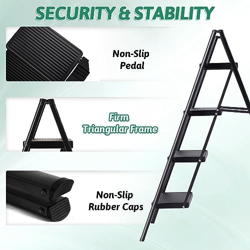 4 Step Ladder Folding Step Stool, Heavy Duty 330 Lbs Load Step Ladders for Home, Tall Kitchen/Closet Stepladder for Adults, Black Small & Lightweight Ladder with Anti-Slip Wide Pedals by OOSOFITT
