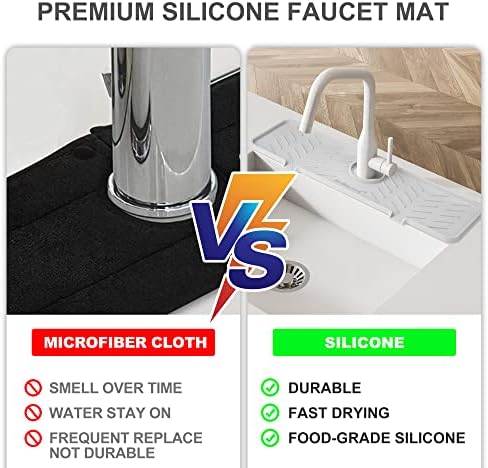 Meiliweser Silicone Faucet Splash Guard Gen 2 - Outlet & Slope Upgraded Faucet Water Catcher Mat - 18” x 5.1” - Sink Sponge Holder for Kitchen, Bathroom(Beige)