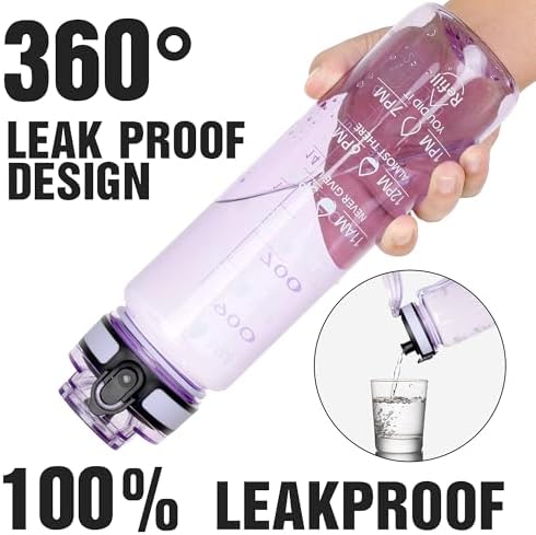 OLDLEY Water Bottle, 32oz Motivational Sports Water Bottle with Time Marker - Times to Drink - Tritan, BPA Free, Wide Mouth Leakproof,Amethyst (1 Bottle)