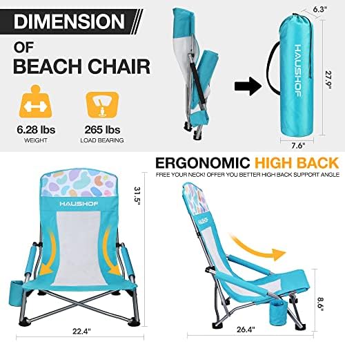 HAUSHOF High Back Beach Chair, Mesh Back Folding Chair, Lightweight Low Seat Camping Chairs with Cup Holder, Carry Bag, Padded Armrest for Outdoor Beach Lawn Camping Picnic Festival