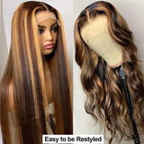 Highlight Wig Human Hair 26inch 200% Density 13x4 Full Frontal HD Transparent Lace Pre Plucked Ombre Straight Lace Front Wig Human Hair Brown Colored Glueless 100 Natural Human Hair Wigs For Women