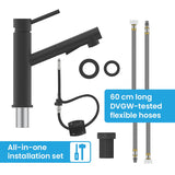 Bächlein Kitchen Faucet (Matt Black) - Single-Lever Sink Mixer Made of Stainless Steel with Extendable Hose and Shower with Switch Button, Water Tap for The Kitchen