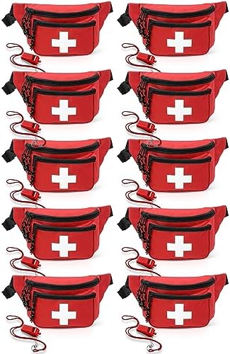 Lifeguard Fanny Pack Red with Whistle Lanyard - Baywatch Style First Aid Hip Pack, Adjustable Strap, Cross Logo + Zipper Pouch, 10 Pack