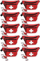 Lifeguard Fanny Pack Red with Whistle Lanyard - Baywatch Style First Aid Hip Pack, Adjustable Strap, Cross Logo + Zipper Pouch, 10 Pack