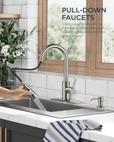FORIOUS Kitchen Faucets with Soap Dispenser and Pull Down Sprayer, Brushed Nickel, High Arc Single Handle Classic 3 Modes Stainless Steel Faucet for Kitchen Sink Farmhouse RV Bar Laundry Camper