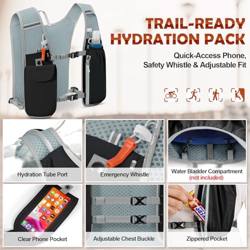 RAINSMORE Running Hydration Vest with 500ml Soft Flask, Waterproof Phone Pocket, Lightweight Hydration Pack, Adjustable No-Bounce Straps for Trail Running, Marathon, Cycling